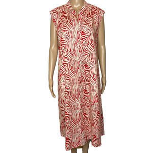 Women's 36 Chloe Stora Red Geometric Pattern Sleeveless Midi Dress Cotton/Linen
